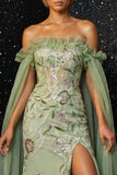 Vestido de Noite Espartilho Verde, Bordado Sem Alças, Espartilho Verde com Fenda