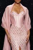 Vestido de noite Corse-de-Espartilho Sem Alças, Espartilho Cintilante, Vestido de Noite com Fenda e Capa