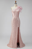 Sereia de cetim cor-de-rosa, lantejoulas, pérolas, espartilho de um ombro Vestido de baile comprido com fenda
