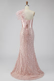 Sereia de cetim cor-de-rosa, lantejoulas, pérolas, espartilho de um ombro Vestido de baile comprido com fenda