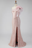 Sereia de cetim cor-de-rosa, lantejoulas, pérolas, espartilho de um ombro Vestido de baile comprido com fenda