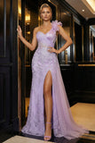 Vestido de noite de sereia roxo brilhante com folhos e folhos de um ombro e fenda
