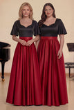Vestido de coro comprido de cetim vermelho preto linha A com mangas curtas