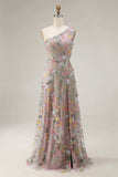 Vestido de Cerimónia Longo Floral Malva com Um Ombro e Fenda