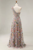 Vestido de Cerimónia Longo Floral Malva com Um Ombro e Fenda