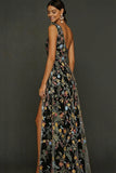 Vestido de Cerimónia Longo Floral Malva com Um Ombro e Fenda