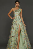 Vestido de Cerimónia Longo Floral Malva com Um Ombro e Fenda