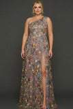 Vestido de Cerimónia Longo Floral Malva com Um Ombro e Fenda