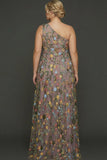 Vestido de Cerimónia Longo Floral Malva com Um Ombro e Fenda