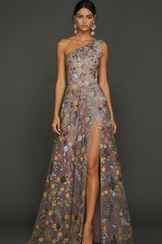 Vestido de Cerimónia Longo Floral Malva com Um Ombro e Fenda