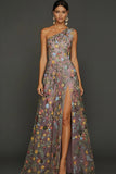 Leely Women Floral Mauve Long Prom Dress Embroidered One Shoulder A Line Gala Dress with Slit