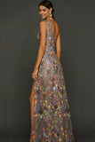 Vestido de Cerimónia Longo Floral Malva com Um Ombro e Fenda