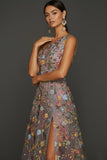 Vestido de Cerimónia Longo Floral Malva com Um Ombro e Fenda