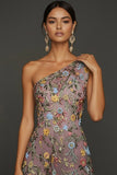 Vestido de Cerimónia Longo Floral Malva com Um Ombro e Fenda