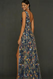 Vestido de Cerimónia Longo Floral Malva com Um Ombro e Fenda