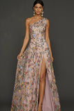 Vestido de Cerimónia Longo Floral Malva com Um Ombro e Fenda