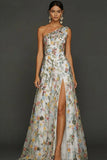 Vestido de Cerimónia Longo Floral Malva com Um Ombro e Fenda