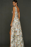 Vestido de Cerimónia Longo Floral Malva com Um Ombro e Fenda