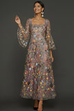 Vestido de Baile Comprido Floral Malva Decote Quadrado e Mangas