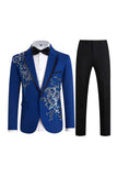 Fato azul de 2 peças, entalhe de um botão, lapela masculina com lantejoulas e lantejoulas