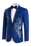 Fato azul de 2 peças, entalhe de um botão, lapela masculina com lantejoulas e lantejoulas