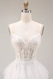 Vestido de Noiva Branca de Tule Comprido com Aplicações e Linha-A