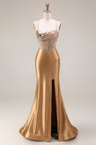 Espelho dourado brilhante com espelho, espartilho de sereia de lantejoulas, vestido comprido de baile de finalistas com fenda