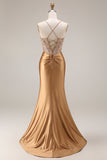 Espelho dourado brilhante com espelho, espartilho de sereia de lantejoulas, vestido comprido de baile de finalistas com fenda