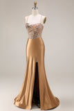 Espelho dourado brilhante com espelho, espartilho de sereia de lantejoulas, vestido comprido de baile de finalistas com fenda