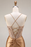 Espelho dourado brilhante com espelho, espartilho de sereia de lantejoulas, vestido comprido de baile de finalistas com fenda
