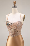 Espelho dourado brilhante com espelho, espartilho de sereia de lantejoulas, vestido comprido de baile de finalistas com fenda