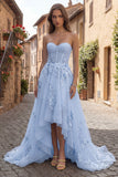 Vestido de baile de finalista amarelo sem alças em tule A Line High-Low com bordado floral