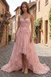 Vestido de baile de finalista amarelo sem alças em tule A Line High-Low com bordado floral