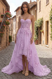 Vestido de baile de finalista amarelo sem alças em tule A Line High-Low com bordado floral