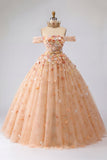 Vestido de baile champanhe ombro descoberto Vestido Princesa Quinceañera