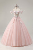 Vestido de Baile Quinceañera Cor-de-Rosa Aplicado, Ombros Descobertos