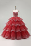 Vestido de baile em camadas Vestido Quinceañera Sem Alças com Missangas Vermelhas