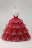 Vestido de baile em camadas Vestido Quinceañera Sem Alças com Missangas Vermelhas