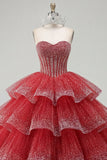 Vestido de baile em camadas Vestido Quinceañera Sem Alças com Missangas Vermelhas