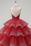 Vestido de baile em camadas Vestido Quinceañera Sem Alças com Missangas Vermelhas