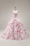 Vestido de Baile Vestido Branco Floral Fúcsia Sem Alças