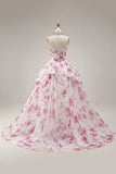 Vestido de Baile Vestido Branco Floral Fúcsia Sem Alças