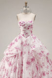 Vestido de Baile Vestido Branco Floral Fúcsia Sem Alças