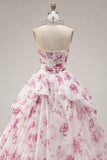 Vestido de Baile Vestido Branco Floral Fúcsia Sem Alças