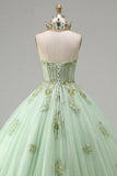 Vestido de baile Vestido Quinceañera Espartilho Sem Alças Verde Aplicado