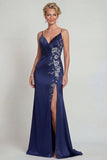 Vestido Comprido Sereia Marinha em Cetim Apliques para Mãe da Noiva com Racha