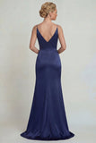 Vestido Comprido Sereia Marinha em Cetim Apliques para Mãe da Noiva com Racha