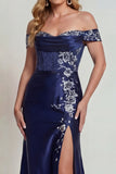 Vestido Comprido Sereia Marinha Brilhante com Aplicações e Corpete para Mãe da Noiva