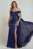 Vestido Cmprido Marinha com Aplicações Espartilho e Ombros a Ombro para a Mãe da Noiva com Capa