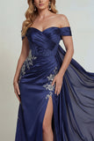 Vestido Cmprido Marinha com Aplicações Espartilho e Ombros a Ombro para a Mãe da Noiva com Capa
